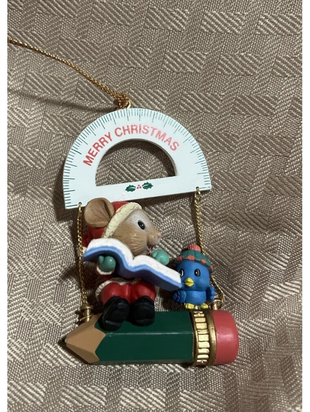 Vintage 1992 Lustre Fame Teacher Mouse Pencil Christmas Ornament Mistletoe Magic